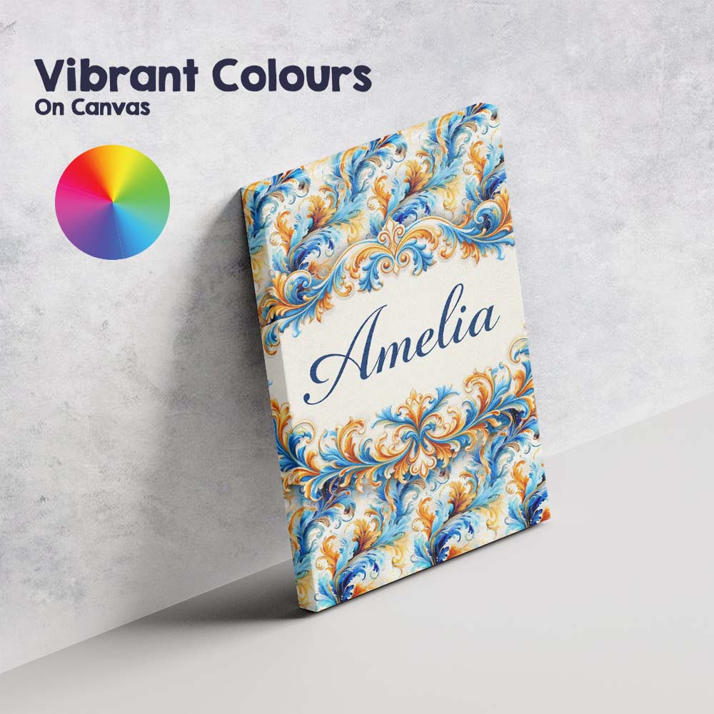 Personalised Name Blue Orange Baroque Floral Ornamental Decorative Custom  Unique Canvas Wall Art Print Decor Picture Ready to Hang