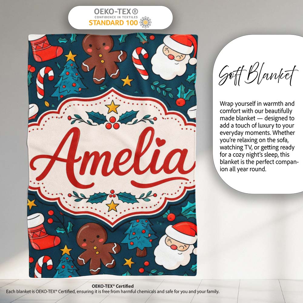 Cute Gingerbread Santa Tree Candy Cane Seamless Pattern Design Kids  Personalised Custom Name Super Soft Fleece Blanket Bed Sofa Throw