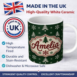 Personalized Custom Name Cute Green Knitted Christmas Tree Snowflake Nordic Seamless Pattern 11oz Ceramic Coffee Tea Mug White Large Handle