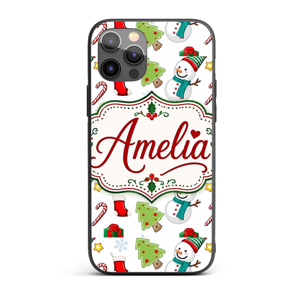 Cute Snowman Candy Cane Gift Tree Printed Design Custom Name Protective Phone Case Mobile Cover Durable Everyday Smartphone Shock Resistant