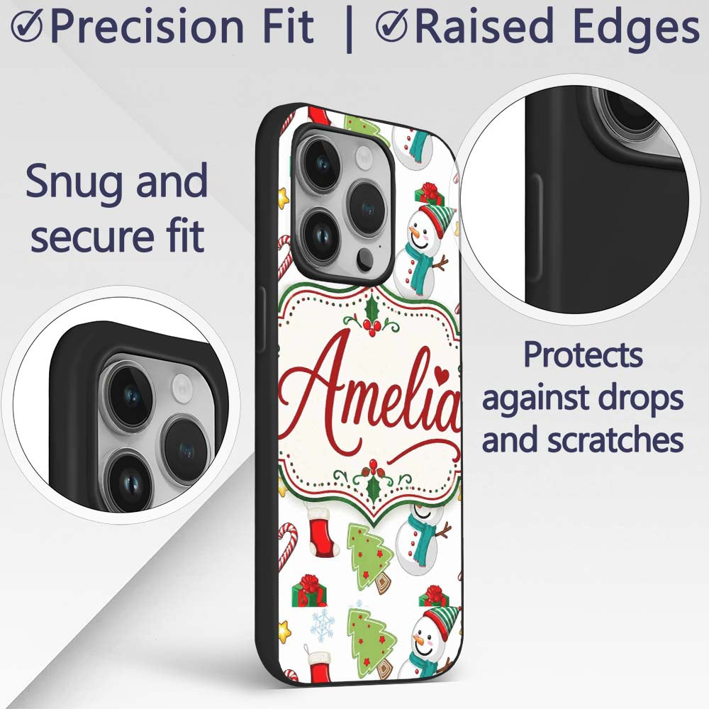Cute Snowman Candy Cane Gift Tree Printed Design Custom Name Protective Phone Case Mobile Cover Durable Everyday Smartphone Shock Resistant