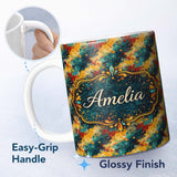 Personalized Custom Name Bold Abstract Paint Splash Teal Mustard Red Flow Pattern Lovely 11oz Ceramic Coffee Tea Mug White Large Handle