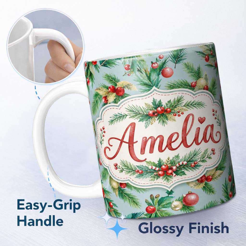 Personalized Custom Name Watercolor Christmas Wreath Pine Branches Red Berries Festive Lovely 11oz Ceramic Coffee Tea Mug White Large Handle