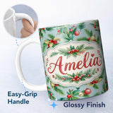 Personalized Custom Name Watercolor Christmas Wreath Pine Branches Red Berries Festive Lovely 11oz Ceramic Coffee Tea Mug White Large Handle