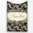 Black Gold Blue Baroque Floral Seamless Elegant Luxury Ornamental  Personalised Custom Name Super Soft Fleece Blanket Bed Sofa Throw