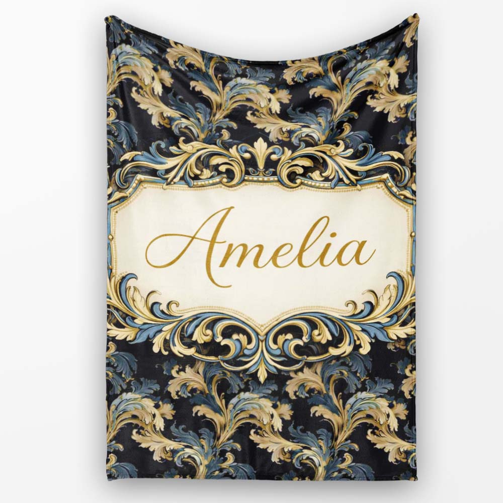 Black Gold Blue Baroque Floral Seamless Elegant Luxury Ornamental  Personalised Custom Name Super Soft Fleece Blanket Bed Sofa Throw