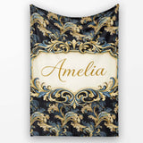 Black Gold Blue Baroque Floral Seamless Elegant Luxury Ornamental  Personalised Custom Name Super Soft Fleece Blanket Bed Sofa Throw