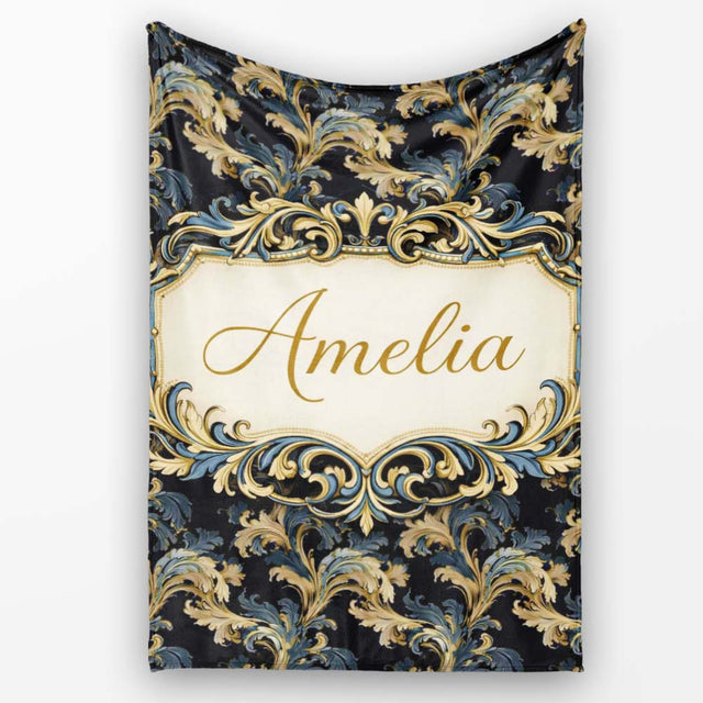 Black Gold Blue Baroque Floral Seamless Elegant Luxury Ornamental  Personalised Custom Name Super Soft Fleece Blanket Bed Sofa Throw
