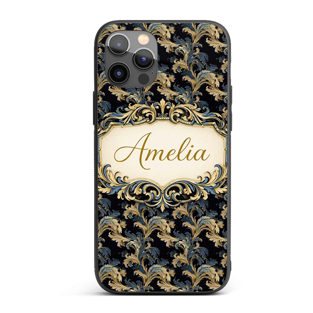 Black Gold Blue Baroque Floral Seamless Elegant Custom Name Protective Phone Case Mobile Cover Durable Everyday Smartphone Shock Resistant