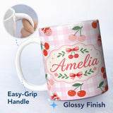 Personalized Custom Name Cherry Fruit Yellow Gingham Picnic Check Seamless Pattern Lovely 11oz Ceramic Coffee Tea Mug White Large Handle