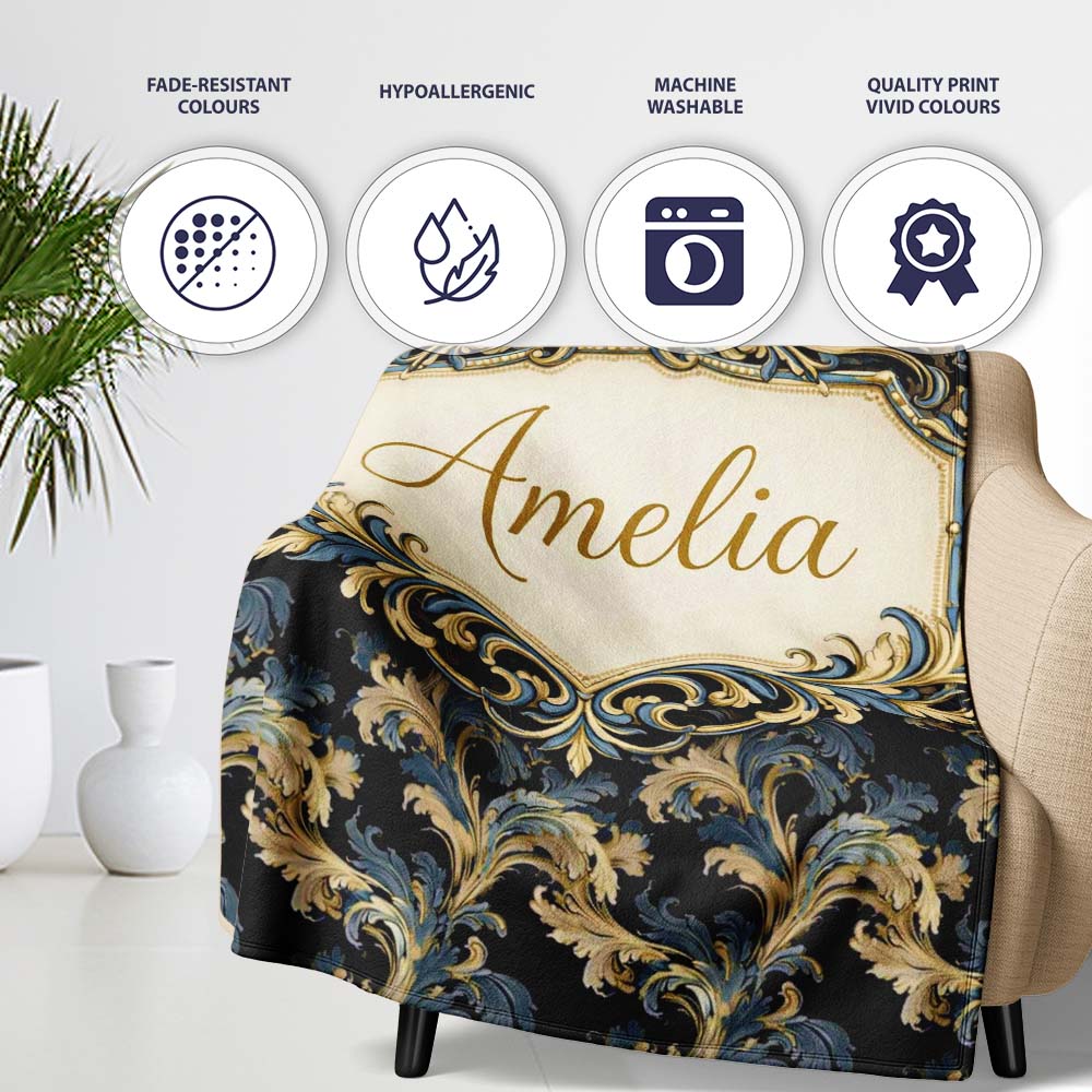 Black Gold Blue Baroque Floral Seamless Elegant Luxury Ornamental  Personalised Custom Name Super Soft Fleece Blanket Bed Sofa Throw