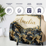 Black Gold Blue Baroque Floral Seamless Elegant Luxury Ornamental  Personalised Custom Name Super Soft Fleece Blanket Bed Sofa Throw