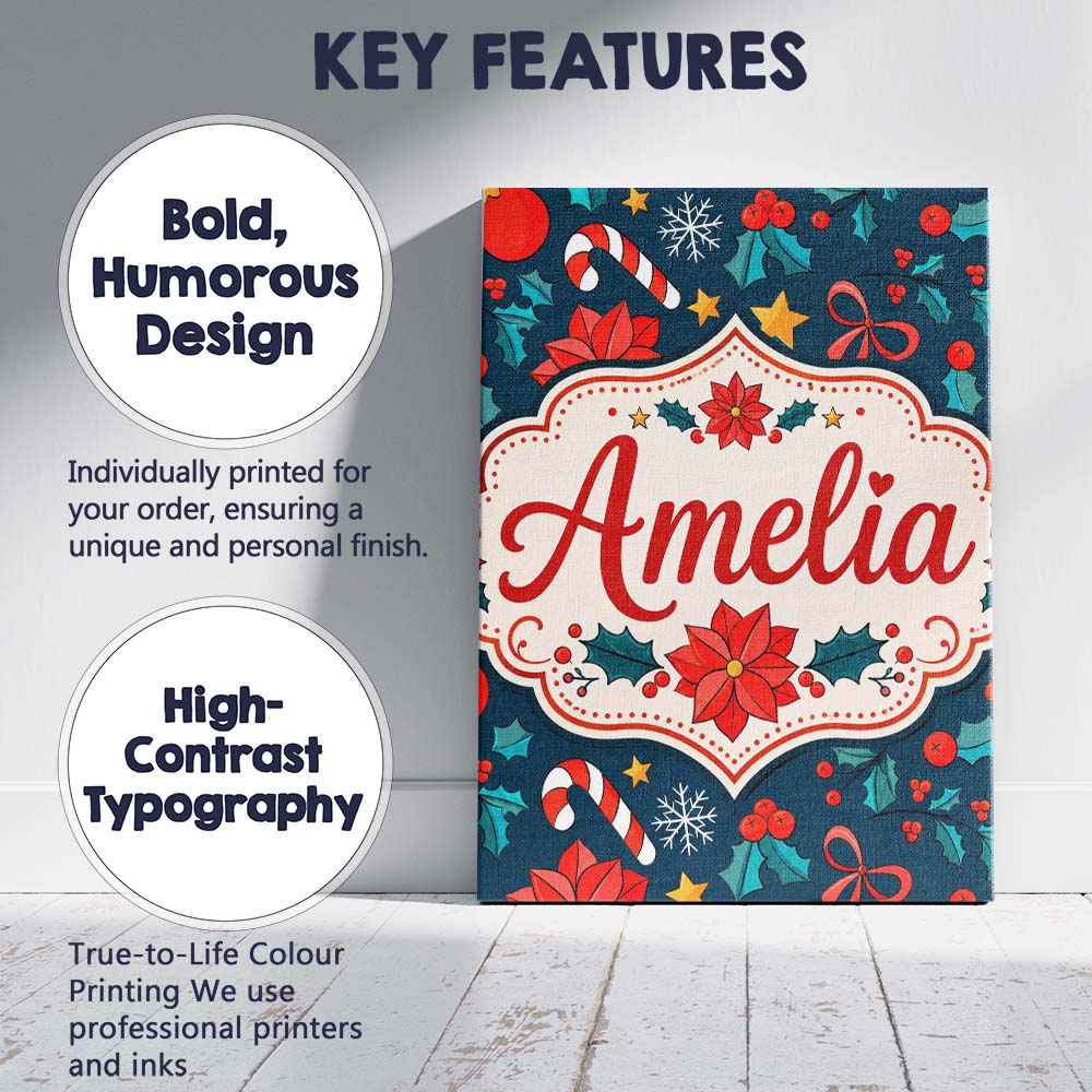 Personalised Name Cute Poinsettia Candy Custom  Modern Room Accent Elegant Feature Canvas Wall Art Print Decor Picture Ready to Hang
