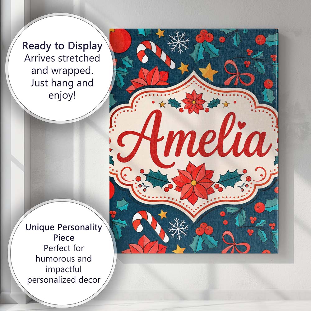 Personalised Name Cute Poinsettia Candy Custom  Modern Room Accent Elegant Feature Canvas Wall Art Print Decor Picture Ready to Hang