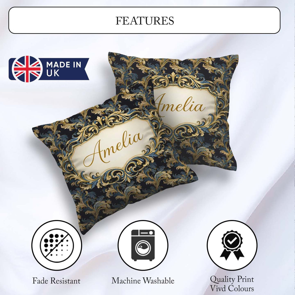 Custom Name Gold Blue Baroque Floral Seamless Elegant Ornamental Square Filled Cushion Throw Pillow Sofa Bed Home Decor Zip Washable UK Made