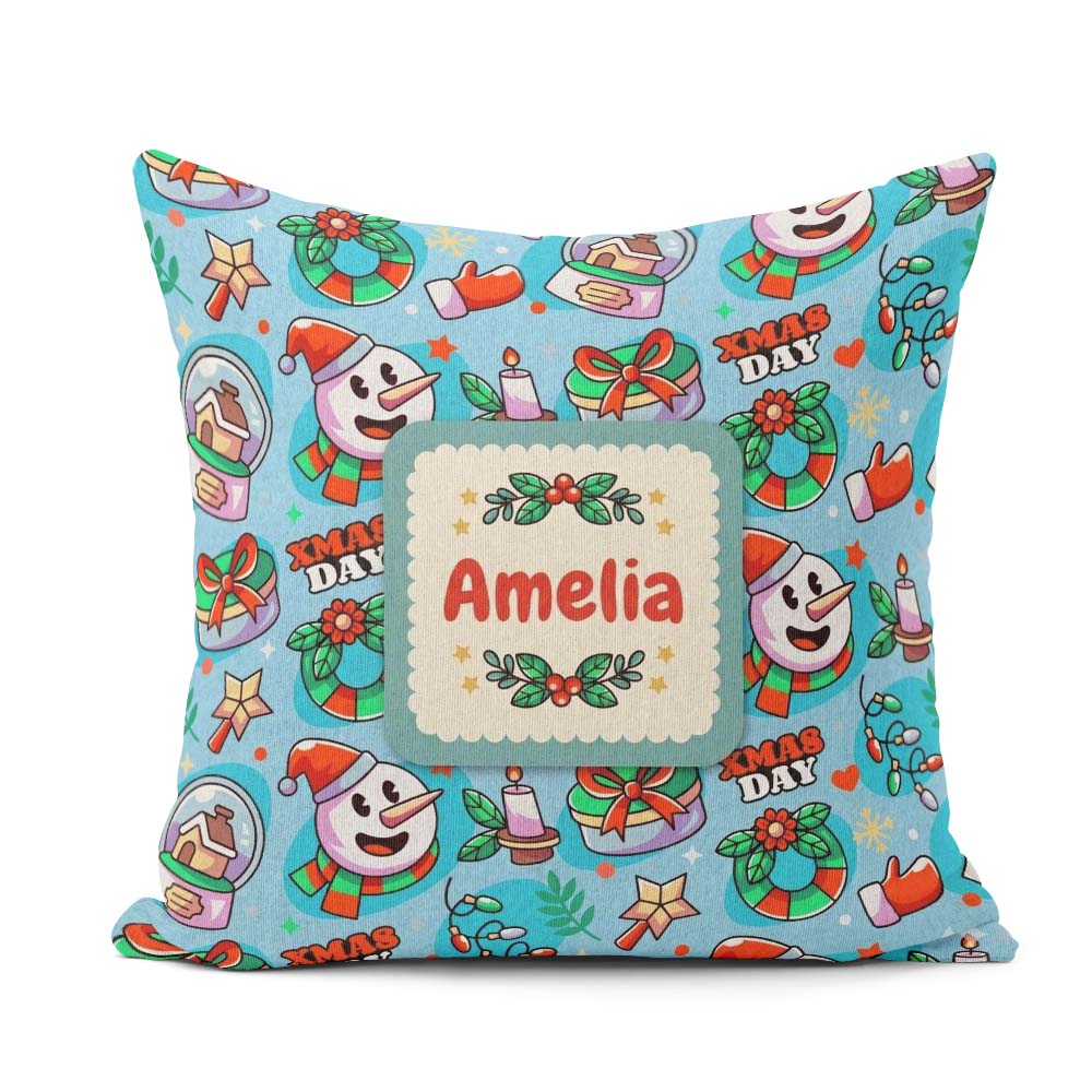 Custom Name Cute Snowman Xmas Day Candle Seamless Pattern Winter Square Filled Cushion Throw Pillow Sofa Bed Home Decor Zip Washable UK Made
