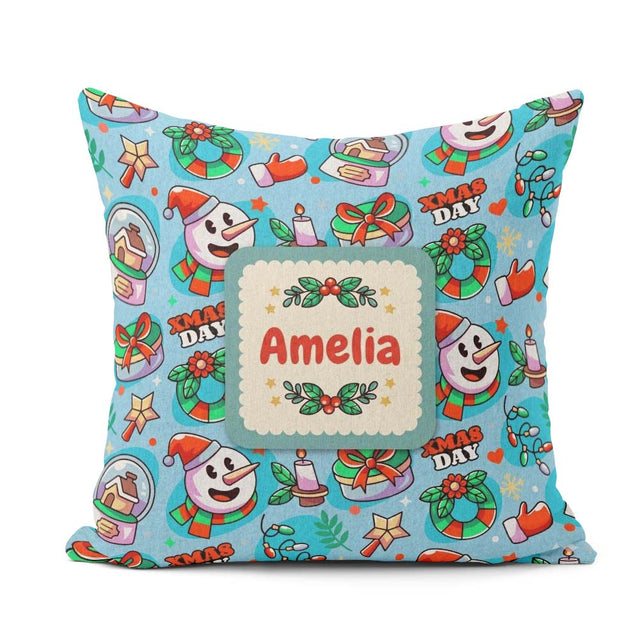 Custom Name Cute Snowman Xmas Day Candle Seamless Pattern Winter Square Filled Cushion Throw Pillow Sofa Bed Home Decor Zip Washable UK Made