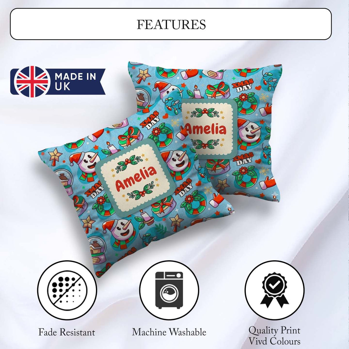 Custom Name Cute Snowman Xmas Day Candle Seamless Pattern Winter Square Filled Cushion Throw Pillow Sofa Bed Home Decor Zip Washable UK Made