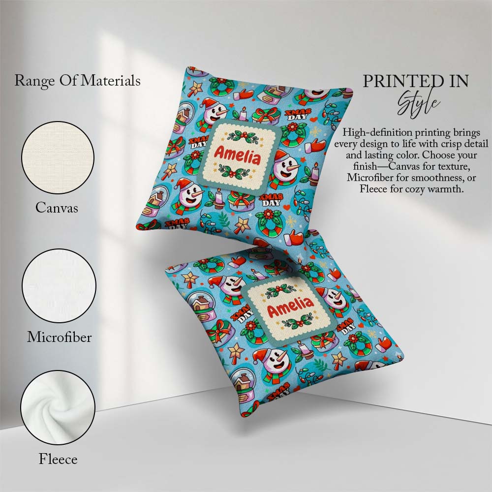 Custom Name Cute Snowman Xmas Day Candle Seamless Pattern Winter Square Filled Cushion Throw Pillow Sofa Bed Home Decor Zip Washable UK Made