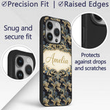 Black Gold Blue Baroque Floral Seamless Elegant Custom Name Protective Phone Case Mobile Cover Durable Everyday Smartphone Shock Resistant