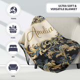 Black Gold Blue Baroque Floral Seamless Elegant Luxury Ornamental  Personalised Custom Name Super Soft Fleece Blanket Bed Sofa Throw