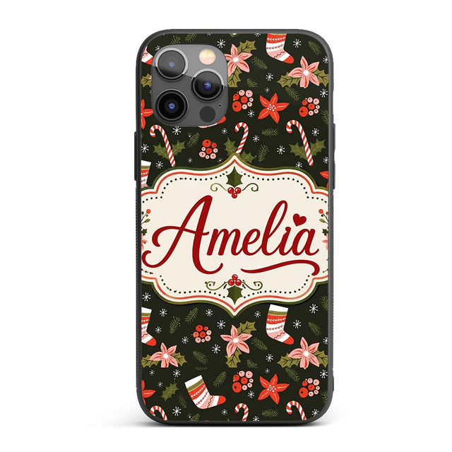 Christmas Stocking Candy Cane Poinsettia Seamless Custom Name Protective Phone Case Mobile Cover Durable Everyday Smartphone Shock Resistant
