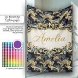 Black Gold Blue Baroque Floral Seamless Elegant Luxury Ornamental  Personalised Custom Name Super Soft Fleece Blanket Bed Sofa Throw