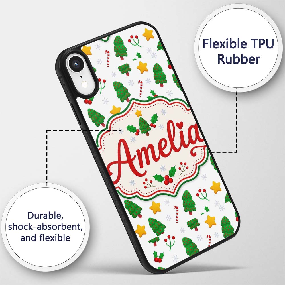 Cute Christmas Tree Candy Cane Printed Design Custom Name Protective Phone Case Mobile Cover Durable Everyday Smartphone Shock Resistant