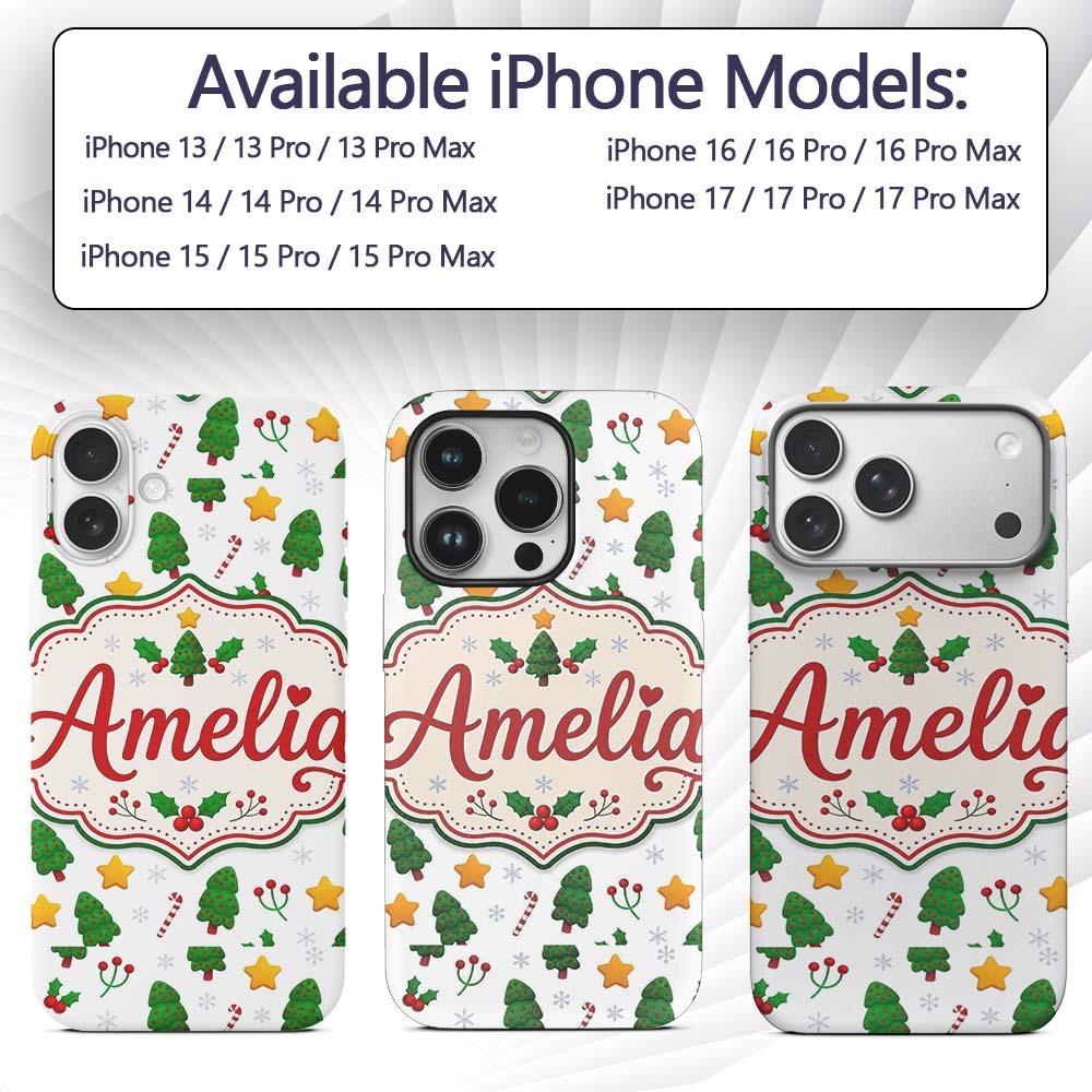 Cute Christmas Tree Candy Cane Printed Design Custom Name Protective Phone Case Mobile Cover Durable Everyday Smartphone Shock Resistant