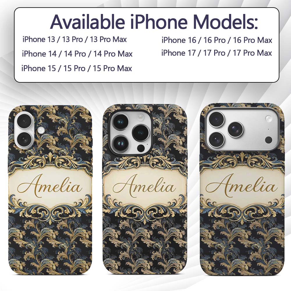 Black Gold Blue Baroque Floral Seamless Elegant Custom Name Protective Phone Case Mobile Cover Durable Everyday Smartphone Shock Resistant