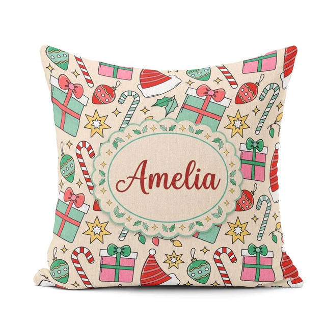 Custom Name Cute Box Candy Cane Hat Ornament Seamless Christmas Square Filled Cushion Throw Pillow Sofa Bed Home Decor Zip Washable UK Made