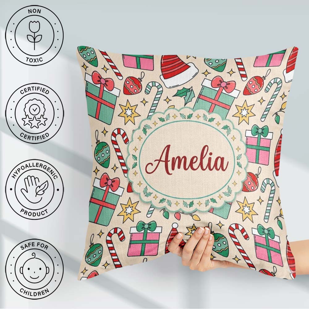 Custom Name Cute Box Candy Cane Hat Ornament Seamless Christmas Square Filled Cushion Throw Pillow Sofa Bed Home Decor Zip Washable UK Made