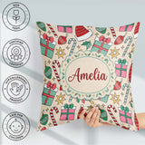 Custom Name Cute Box Candy Cane Hat Ornament Seamless Christmas Square Filled Cushion Throw Pillow Sofa Bed Home Decor Zip Washable UK Made