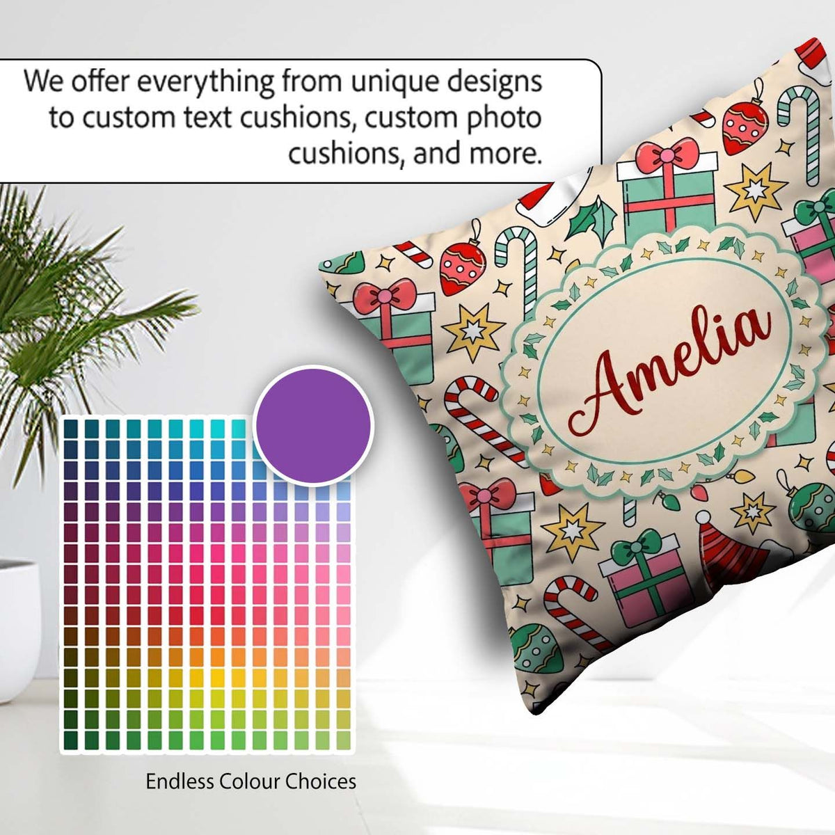 Custom Name Cute Box Candy Cane Hat Ornament Seamless Christmas Square Filled Cushion Throw Pillow Sofa Bed Home Decor Zip Washable UK Made