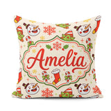 Custom Name Snowman Elf Candy Cane Stocking Seamless Pattern Fun Square Filled Cushion Throw Pillow Sofa Bed Home Decor Zip Washable UK Made