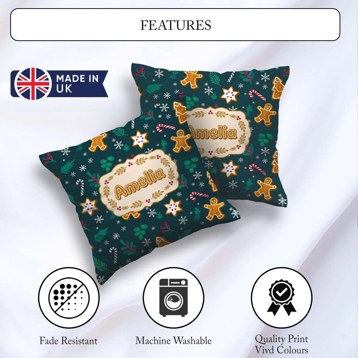 Custom Name Cute Candy Cane Star Holly Seamless Pattern Festive Square Filled Cushion Throw Pillow Sofa Bed Home Decor Zip Washable UK Made