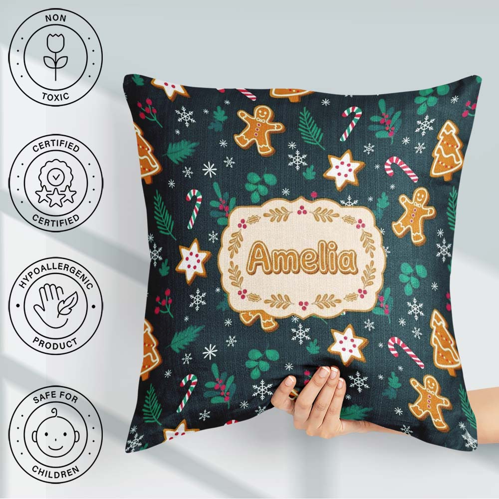 Custom Name Cute Candy Cane Star Holly Seamless Pattern Festive Square Filled Cushion Throw Pillow Sofa Bed Home Decor Zip Washable UK Made