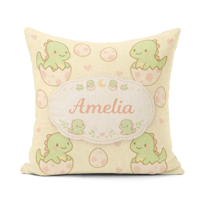 Custom Name Cute Baby Dinosaur Egg Cartoon Animal Pattern Cute Square Filled Cushion Throw Pillow Sofa Bed Home Decor Zip Washable UK Made