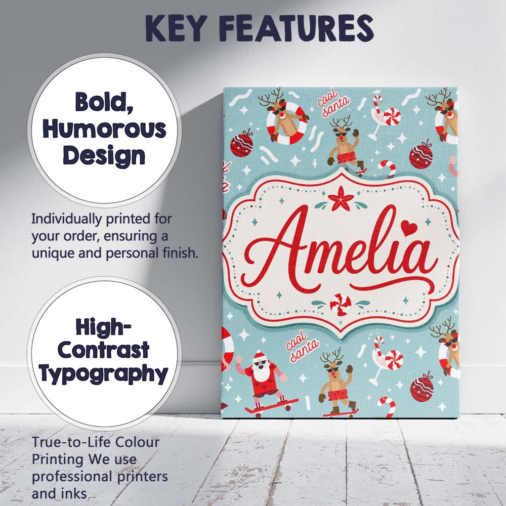 Personalised Name Cool Santa Reindeer Custom Modern Room Accent Creative Decorator Style Canvas Wall Art Print Decor Picture Ready to Hang