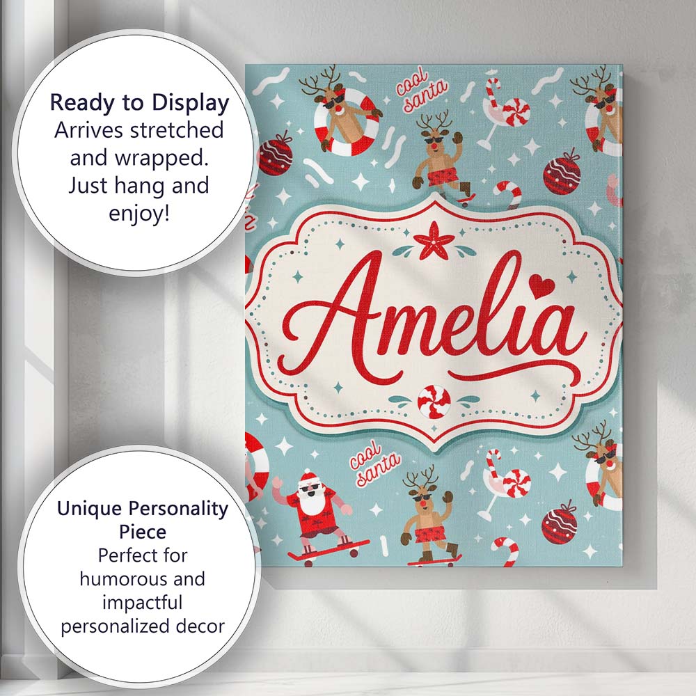 Personalised Name Cool Santa Reindeer Custom Modern Room Accent Creative Decorator Style Canvas Wall Art Print Decor Picture Ready to Hang