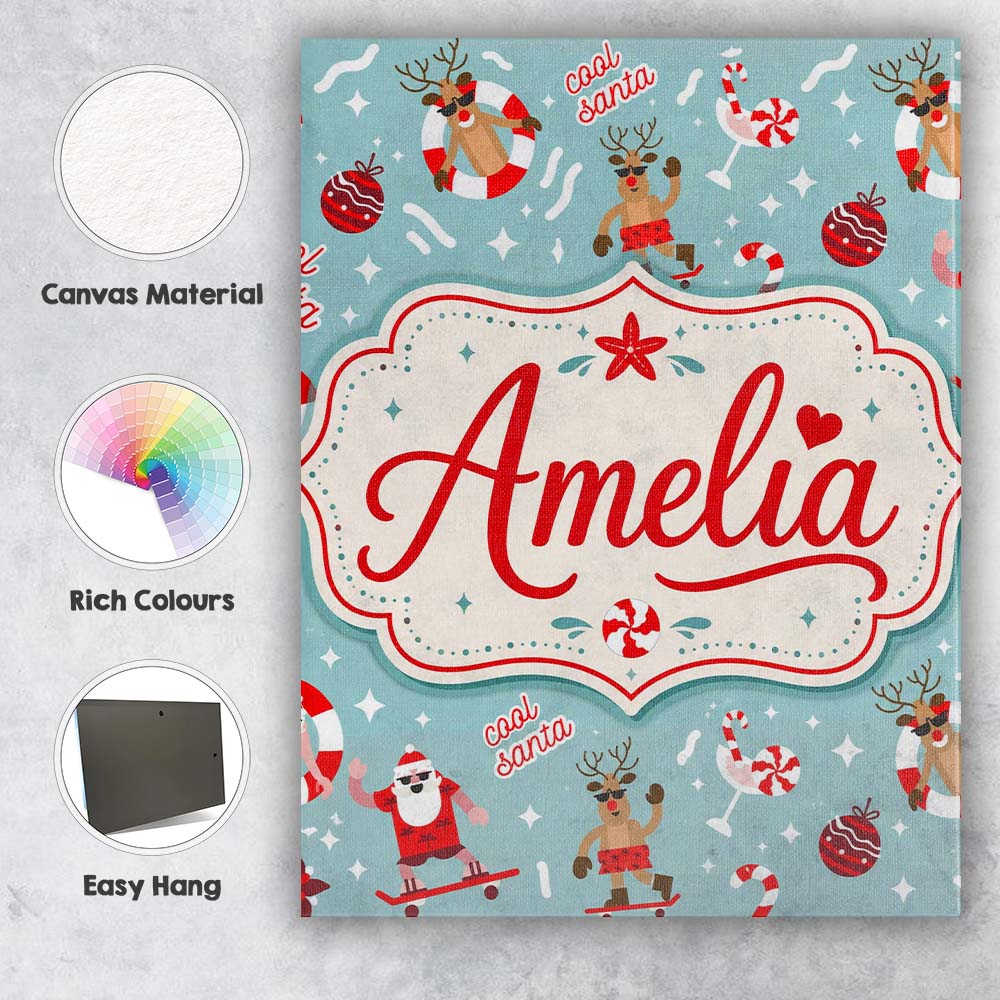 Personalised Name Cool Santa Reindeer Custom Modern Room Accent Creative Decorator Style Canvas Wall Art Print Decor Picture Ready to Hang