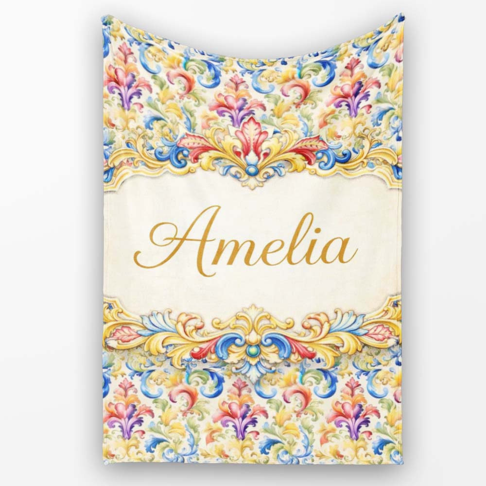 Colourful Rainbow Baroque Floral Bright Artistic Ornamental Design  Personalised Custom Name Super Soft Fleece Blanket Bed Sofa Throw