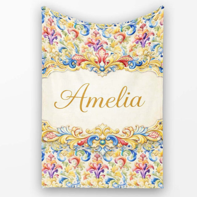 Colourful Rainbow Baroque Floral Bright Artistic Ornamental Design  Personalised Custom Name Super Soft Fleece Blanket Bed Sofa Throw