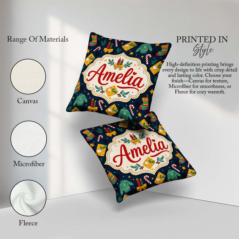 Custom Name Sweater Candle Candy Seamless Pattern Winter Holiday Square Filled Cushion Throw Pillow Sofa Bed Home Decor Zip Washable UK Made