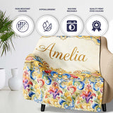 Colourful Rainbow Baroque Floral Bright Artistic Ornamental Design  Personalised Custom Name Super Soft Fleece Blanket Bed Sofa Throw