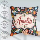 Custom Name Cute Santa Snowman Reindeer Seamless Pattern Festive Square Filled Cushion Throw Pillow Sofa Bed Home Decor Zip Washable UK Made
