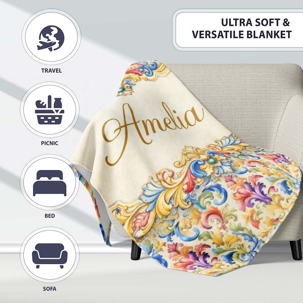 Colourful Rainbow Baroque Floral Bright Artistic Ornamental Design  Personalised Custom Name Super Soft Fleece Blanket Bed Sofa Throw