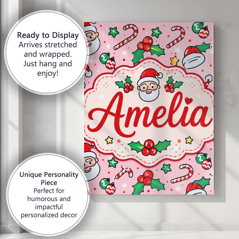 Personalised Name Cute Santa Holly Candy Custom  Unique Gift Idea Elegant Feature Canvas Wall Art Print Decor Picture Ready to Hang