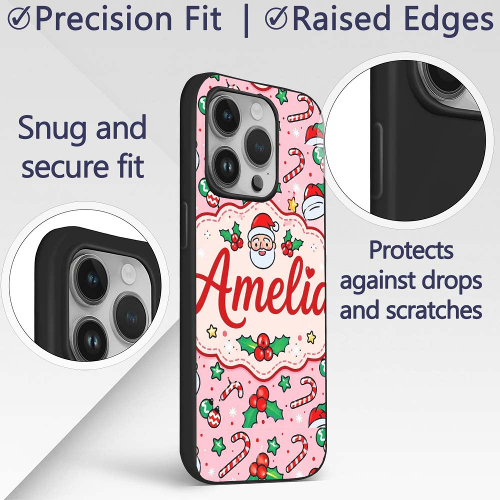 Cute Santa Holly Candy Cane Bauble Printed Design Custom Name Protective Phone Case Mobile Cover Durable Everyday Smartphone Shock Resistant