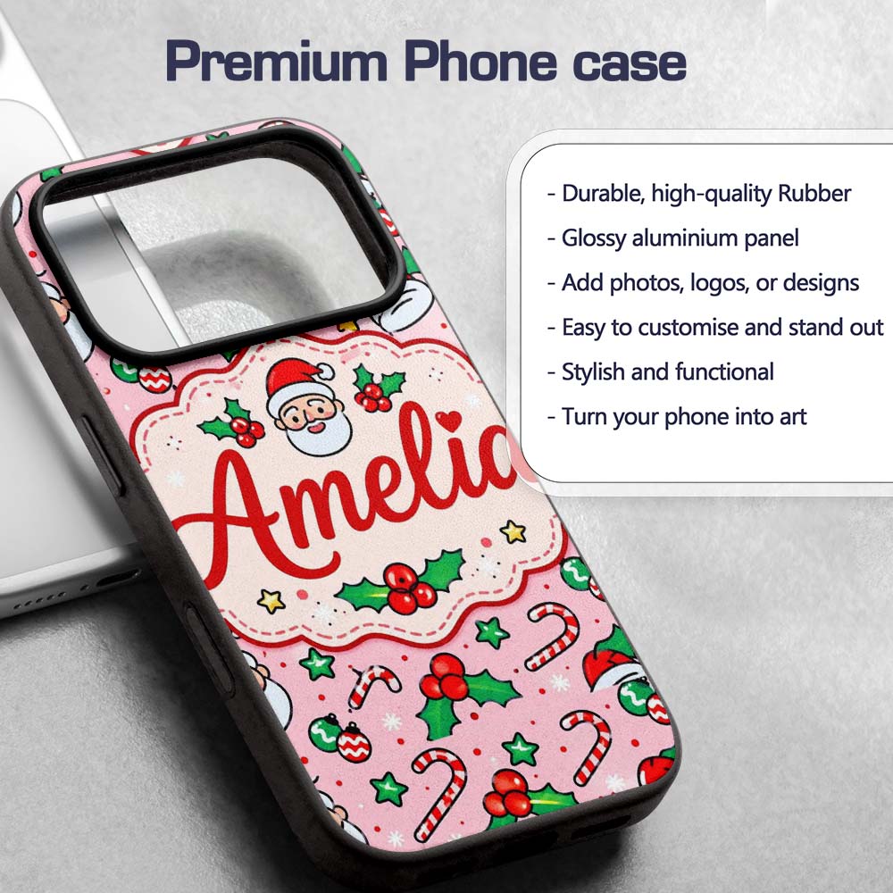 Cute Santa Holly Candy Cane Bauble Printed Design Custom Name Protective Phone Case Mobile Cover Durable Everyday Smartphone Shock Resistant